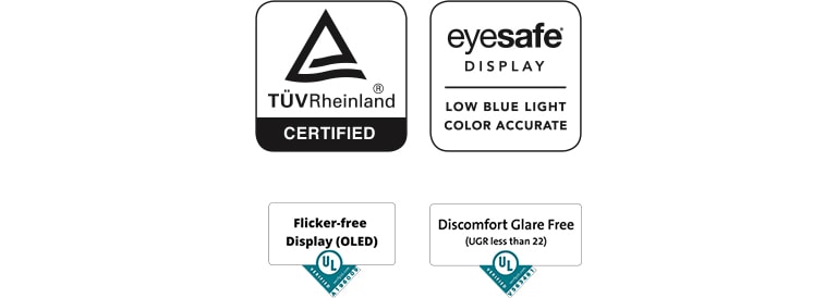 Logo zaslona Rheinland Eyesafe Display, logotip Flicker-free Display, logotip Discomfort GlareFree