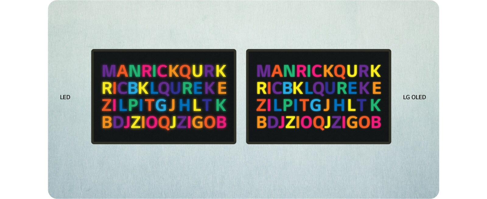 Ilustracija televizora LED i LG OLED jedan pored drugog. Na zaslonu se prikazuju šarena slova, a zatim se poredaju tako da stvore plavi tekst s riječima „PLAVO SVJETLO”. Na zaslonu LED plavo svjetlo stvara odsjaj, a na zaslonu OLED je prigušeno.