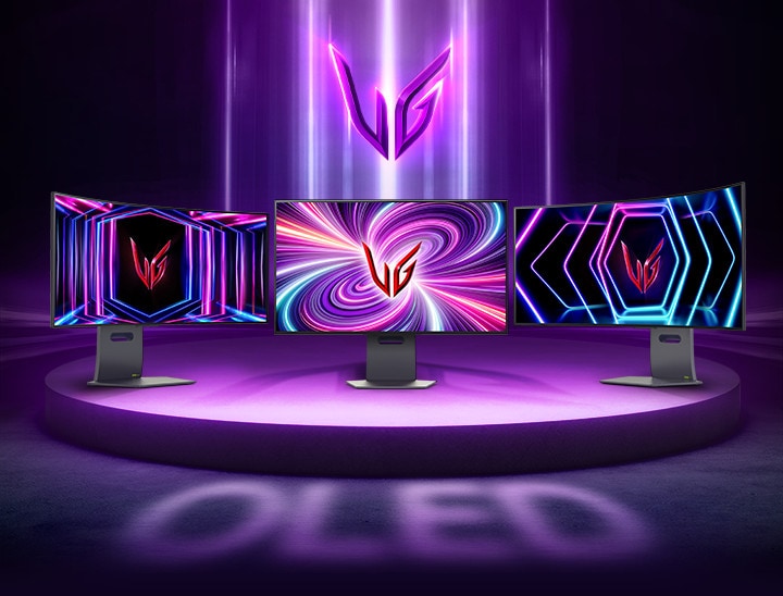 Predstavljanje LG UltraGear OLED monitora za igranje, uključujući zaobljene monitore. Prikazali smo različite gaming LG UltraGear OLED monitore uz njegov brand znak, osvijetljen neonskim svjetlom, prikazujući naš pionirski tehnološki napredak.	