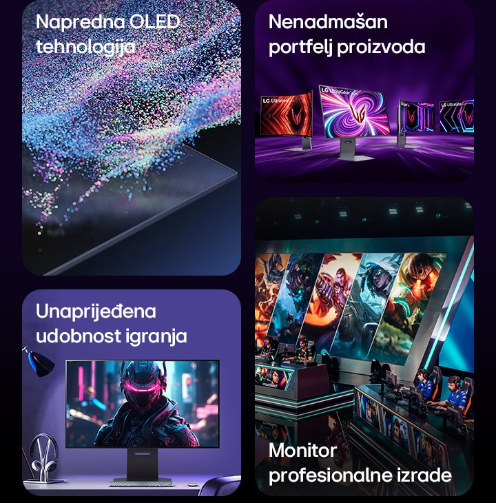Slika koja prikazuje ključne značajke LG OLED gaming monitora - Napredna OLED tehnologija, portfelj proizvoda bez premca, poboljšana udobnost igranja, monitor profesionalne razine.	