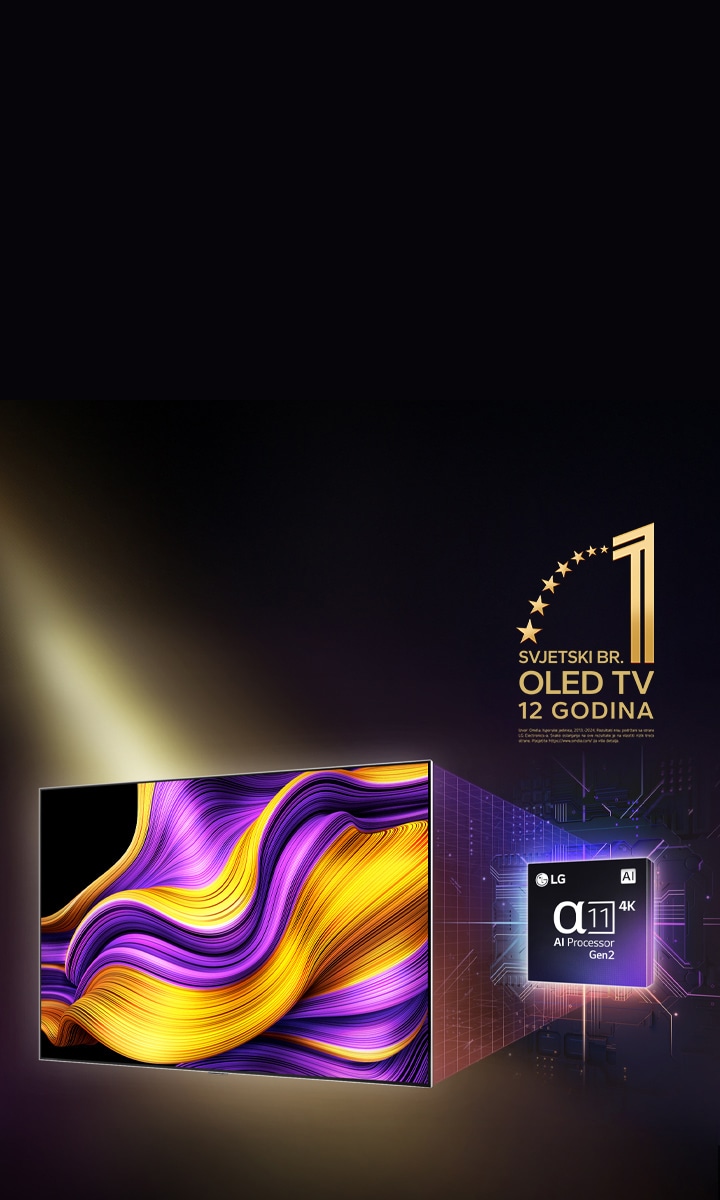Na zaslonu televizora LG OLED TV prikazano je šareno apstraktno umjetničko djelo, a iza njega istaknut je procesor alpha 11 AI Processor Gen2. Jarka svjetla izbijaju iz procesora i televizora pokazujući njegovu naprednu tehnologiju. U uglu je prikazan amblem „Najbolji OLED TV na svijetu već 12 godina”.