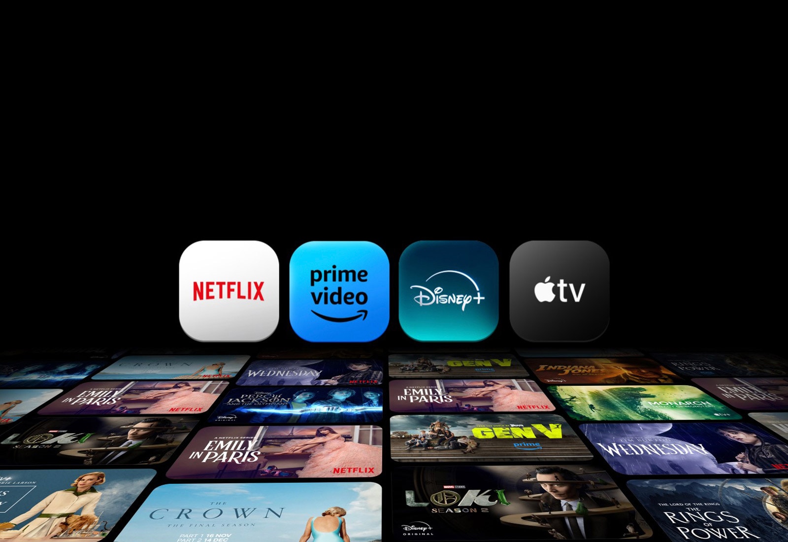 Na televizoru se prikazuju minijature poredane na zaslonu i crnoj pozadini, a zatim se prikazuju sljedeći logotipovi: Netflix, Prime Video, Disney+, Apple TV.