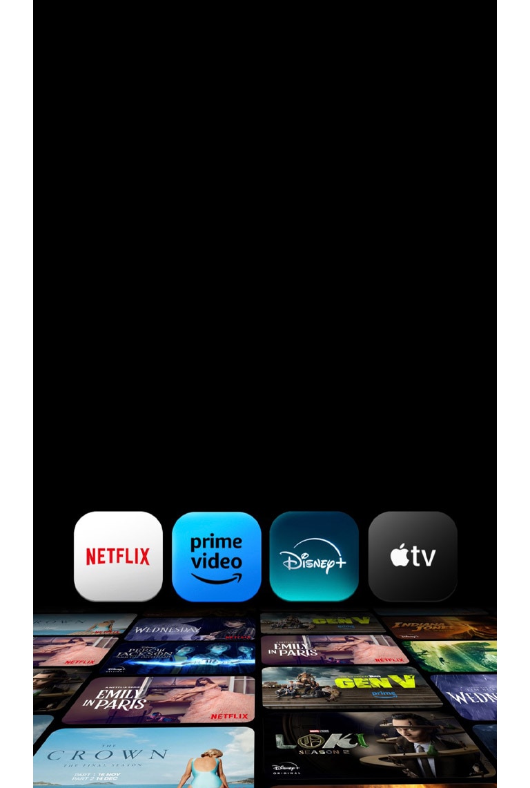 Na televizoru se prikazuju minijature poredane na zaslonu i crnoj pozadini, a zatim se prikazuju sljedeći logotipovi: Netflix, Prime Video, Disney+, Apple TV.