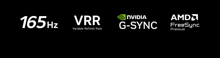Logotipi 165 Hz, VRR (promjenjiva frekvencija osvježavanja), NVIDIA G‑SYNC i AMD FreeSync Premium pojavljuju se na tamnoj pozadini.