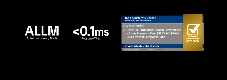 Logotipi ALLM (Auto Low Latency Mode), <0,1 ms vrijeme odziva te Intertek certifikacijska oznaka pojavljuju se na tamnoj pozadini.