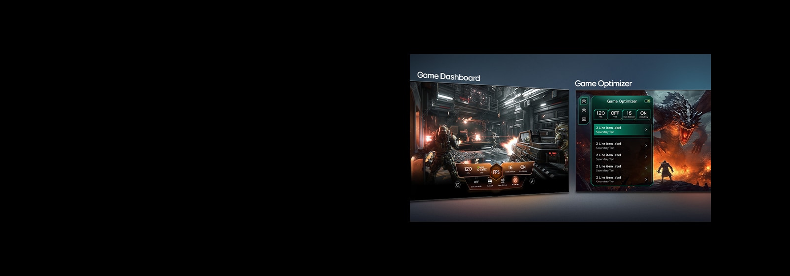 LG OLED evo TV s Game Dashboardom i Optimizerom prikazuje usporedne zaslone igre te izbornik na ekranu za podešavanje postavki igranja poput frekvencije osvježavanja, latencije i vizualnih načina u stvarnom vremenu.