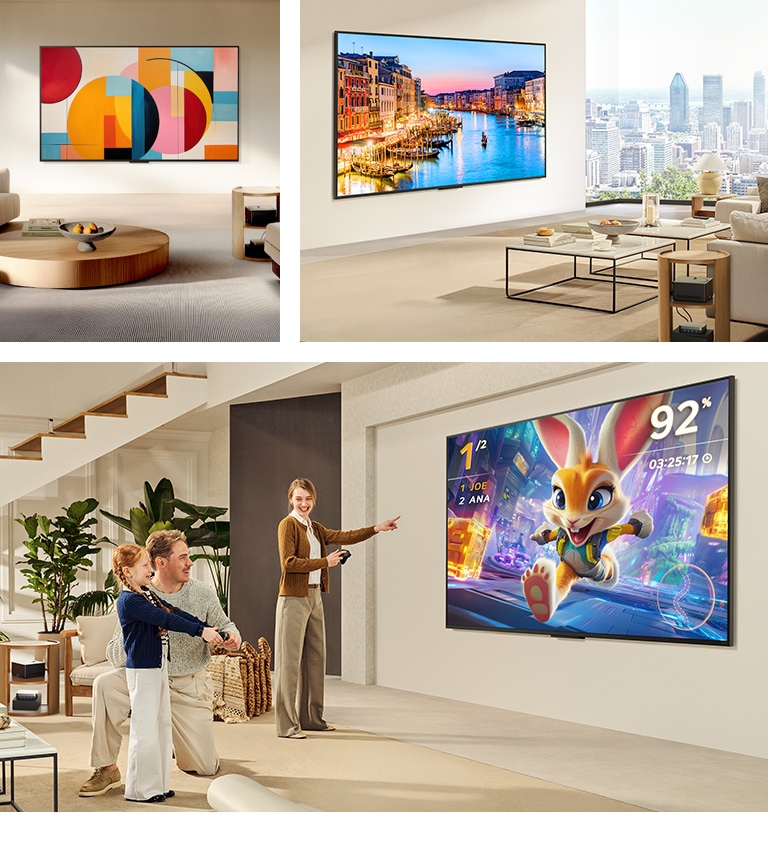 Nekoliko stambenih prostora s potpuno bežičnim televizorom LG True Wireless QNED TV. Svi ovi prostori su vidljivo uredni i bez nereda. Na zaslonima televizora prikazuju se različite umjetničke slike tako da televizor predstavlja lijepi dodatak prostoru. Kutija za bežično povezivanje i drugi periferni uređaji nalaze se na pomoćnom stoliću i jedva su primjetni.