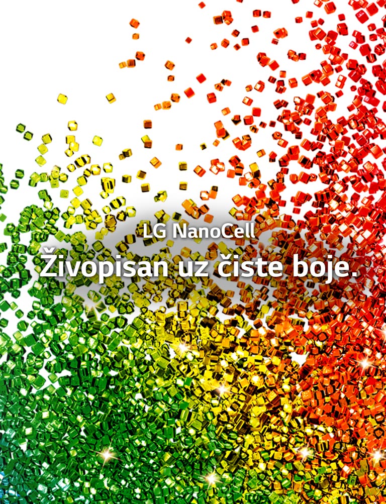 Zaslon ispunjen česticama živih boja koje prskaju ispred bijele pozadine.