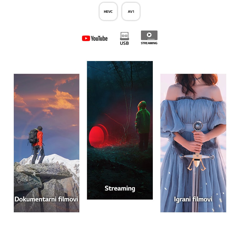 S lijeva na desno slika muškarca u planinarskoj opremi koji stoji na stjenovitoj planini; mračan prizor dječaka koji stoji ispred tunela koji isijava crvenu svjetlost; i žena u plavoj haljini koja drži mač na bijeloj pozadini.