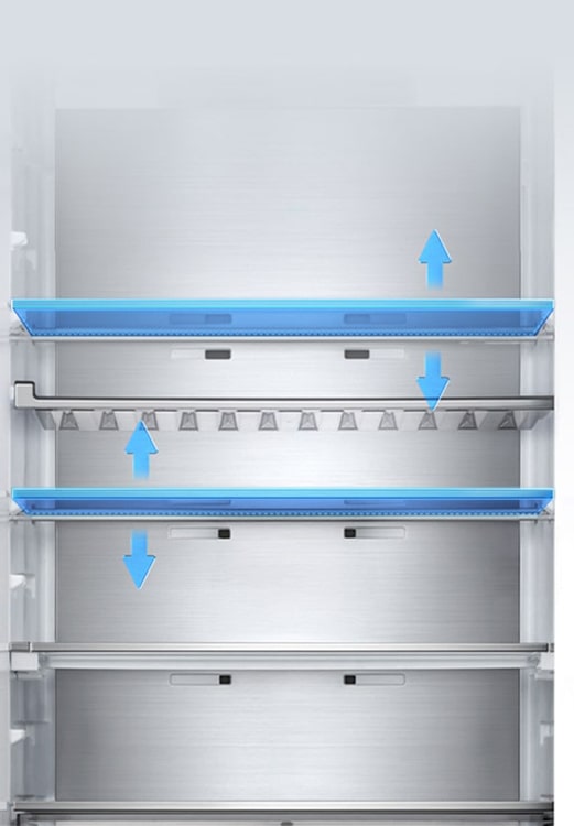 Unutrašnjost LG hladnjaka s pet polica i podesivim razinama visine prikazanim plavim strelicama koje označavaju vertikalno kretanje