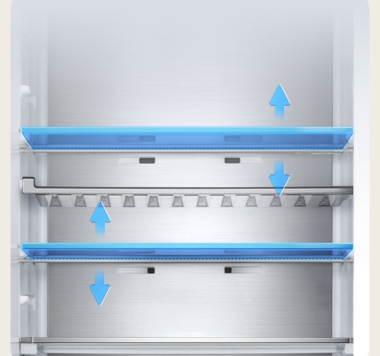 Unutrašnjost LG hladnjaka s pet polica i podesivim razinama visine prikazanim plavim strelicama koje označavaju vertikalno kretanje