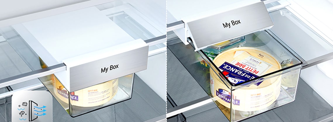 Lijeva slika LG hladnjaka sa zamrzivačem prikazuje zatvorenu kutiju filtera sa sirom i ikonom dezodoransa. Donja lijeva desna slika prikazuje otvorenu kutiju otkrivajući sir.