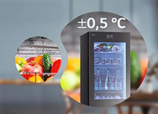 Slike vrha hladnjaka sa znakom plus ili minus 0,5 stupnjeva i svježe povrće u mjehurićima.