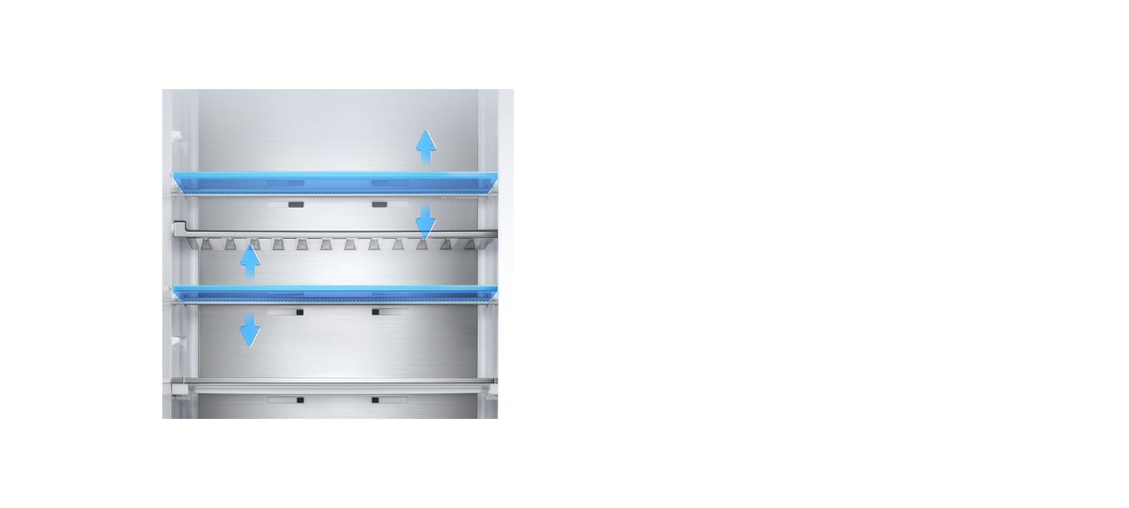 Unutrašnjost LG hladnjaka s pet polica i podesivim razinama visine prikazanim plavim strelicama koje označavaju vertikalno kretanje