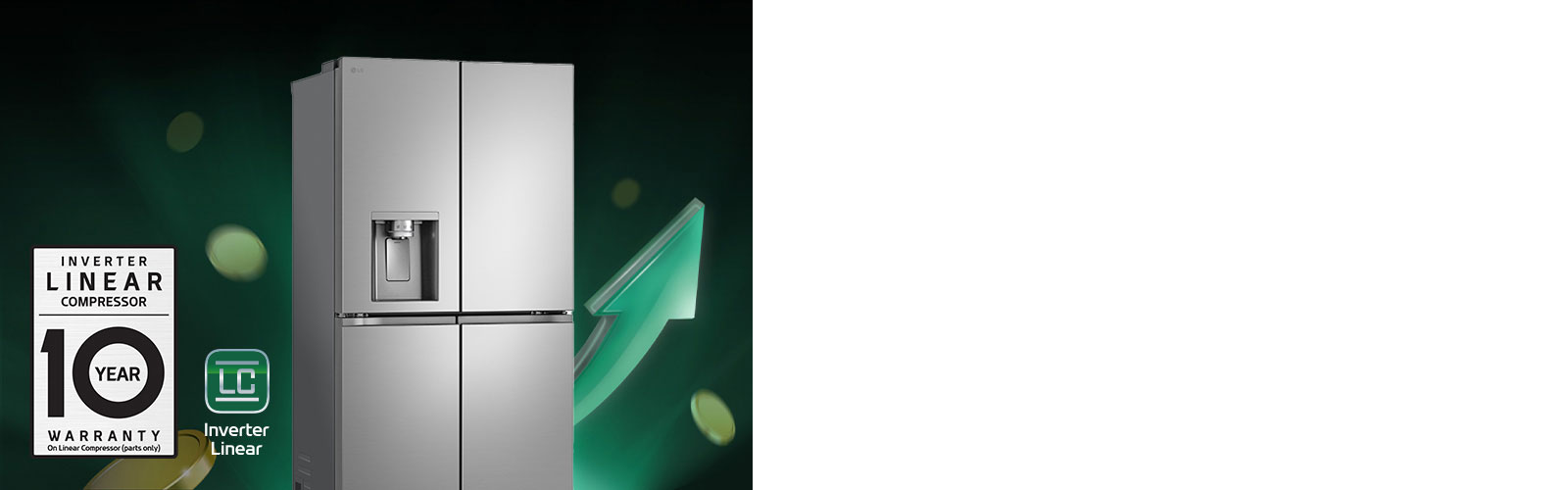 Slika prikazuje hladnjak sa zelenom strelicom okrenutom prema gore i novčićima koji padaju pored njega.