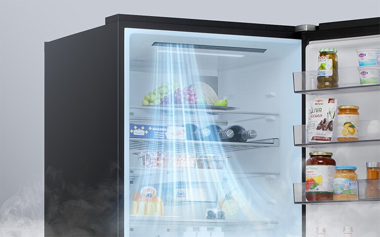 LG hladnjak s donjim zamrzivačem otvoren je, plavi zrak struji prema odjeljcima vrata, ilustrirajući rad DoorCooling+™ tehnologije.