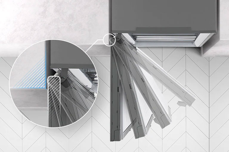 Zamrzivač je prikazan odozgo, vrata se otvaraju prema van i zaustavljaju na četiri različita mjesta, a povećani dodatak zglobova prikazuje da zglob može biti u ravnini sa zidom i nikad ga ne dotaknuti prilikom otvaranja.