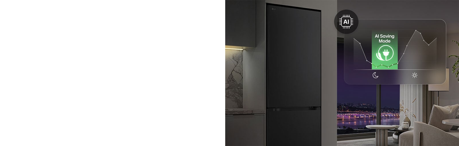 LG donji zamrzivač u dnevnom boravku s pogledom na noćni grad preklopljenim grafikom načina rada umjetne inteligencije i grafikonom fluktuirajuće energije