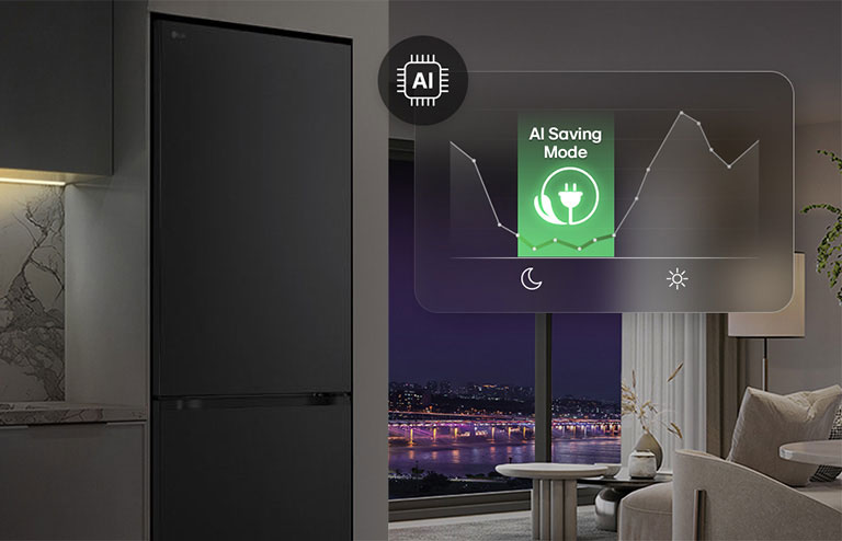 LG donji zamrzivač u dnevnom boravku s pogledom na noćni grad preklopljenim grafikom načina rada umjetne inteligencije i grafikonom fluktuirajuće energije