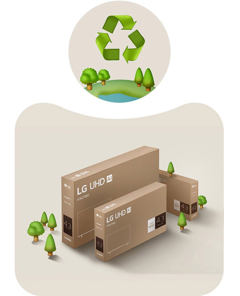 Slika LG UHD pakiranja na bež pozadini s nacrtanim drvećem. 