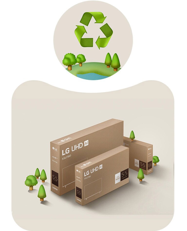 Slika LG UHD pakiranja na bež pozadini s nacrtanim drvećem. 