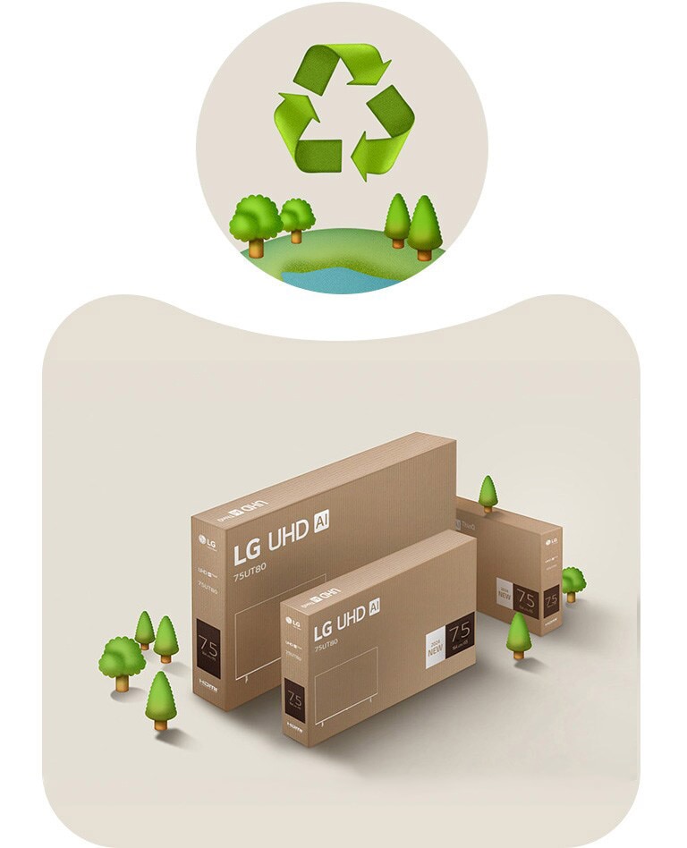 Slika LG UHD pakiranja na bež pozadini s nacrtanim drvećem. 