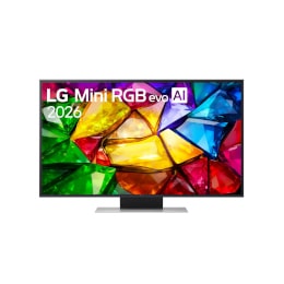 Prikaz prednje strane televizora LG Mini RGB evo AI MRGB87, koji se na tržištu pojavio 2026. godine, s tankim crnim okvirom na niskom stalku2