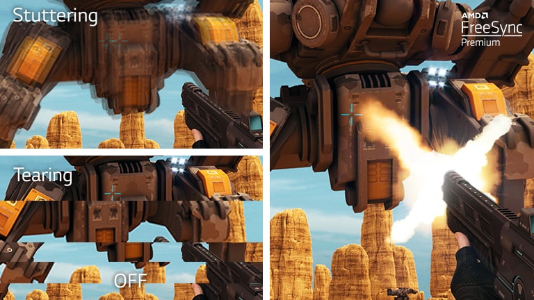 Televizijski zaslon prikazuje streljanje vesoljske ladje v mestu in orodje za optimizacijo iger LG NanoCell na levi strani, ki prilagaja nastavitve igre.