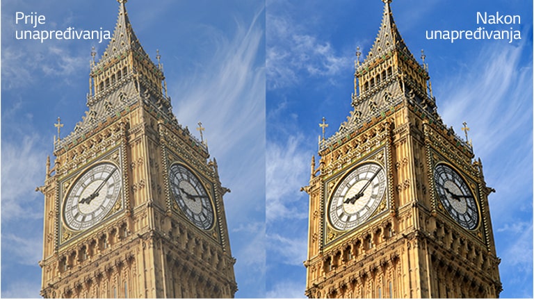 Slika građevine Big Ben na desnoj strani s tekstom „Nakon unapređivanja” svjetlija je i jasnija u odnosu na istu sliku na lijevoj strani s tekstom „Prije unapređivanja”.