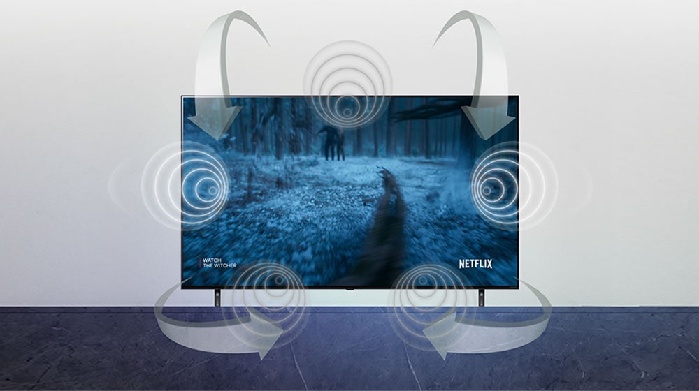 Na zaslonu se odigrava epska bitka. Strelice pokazuju zvuk koji teče iz televizora te dolazi iz više smjerova i izvora.