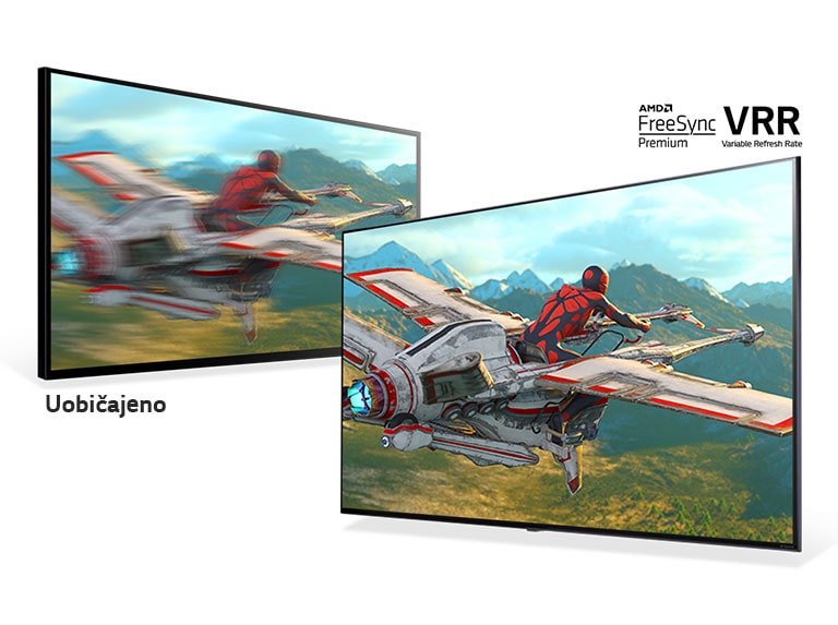 Na dvama televizorima prikazuju se kadrovi iz trkaće igre. Slika je na uobičajenom televizoru mutna, a na televizoru sa značajkom AMD FreeSync & VRR oštra.