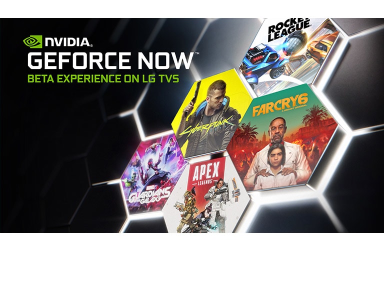 Slika s logotipom GeForce Now na tamnoj pozadini. Prikazane su naslovnice i naslovi nekoliko popularnih igara.