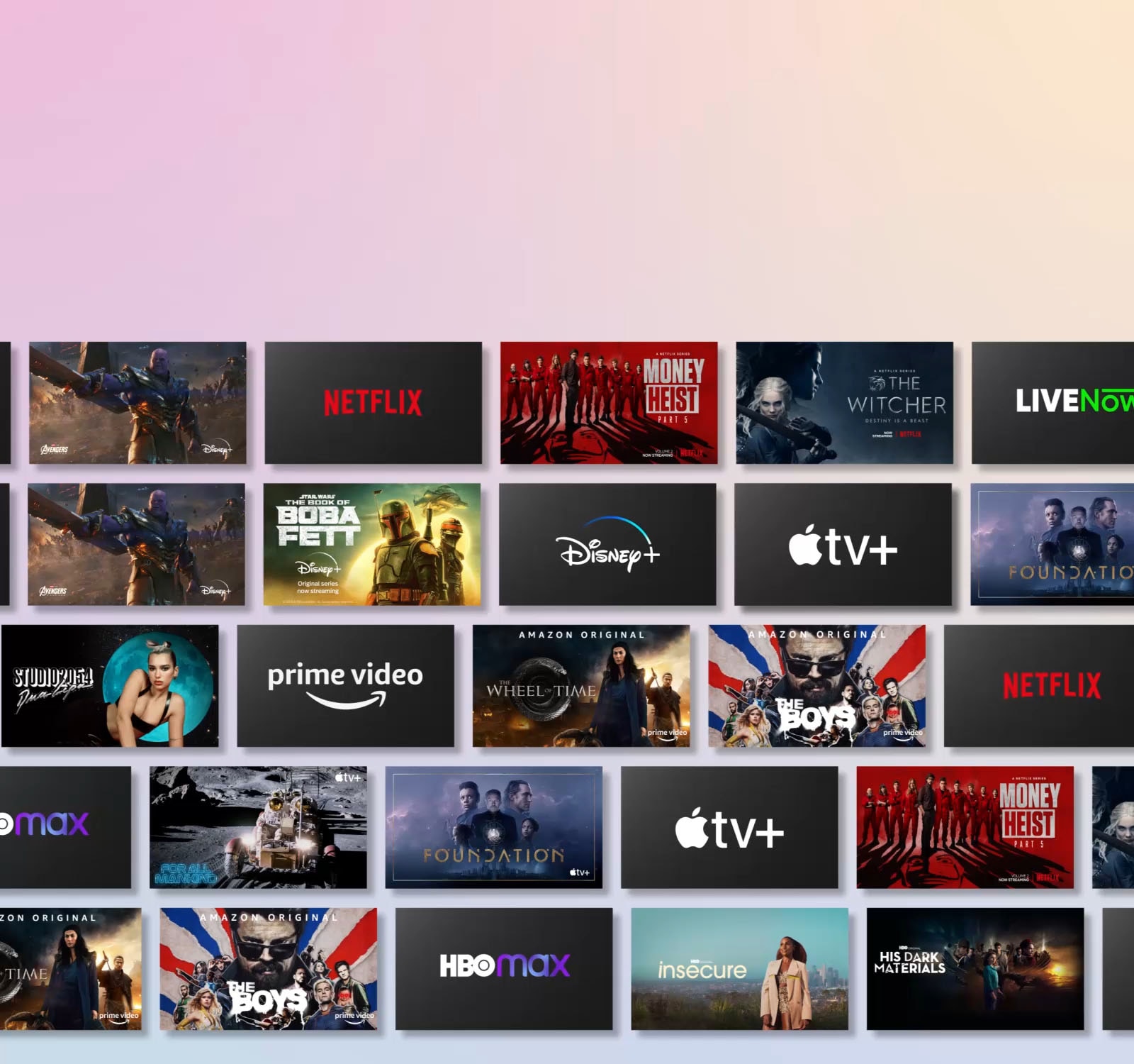 Redovi OTT sadržaja pomiču se sa strane dok se prikazuje logotip OTT pružatelja usluga i minijature ponuđenog sadržaja.