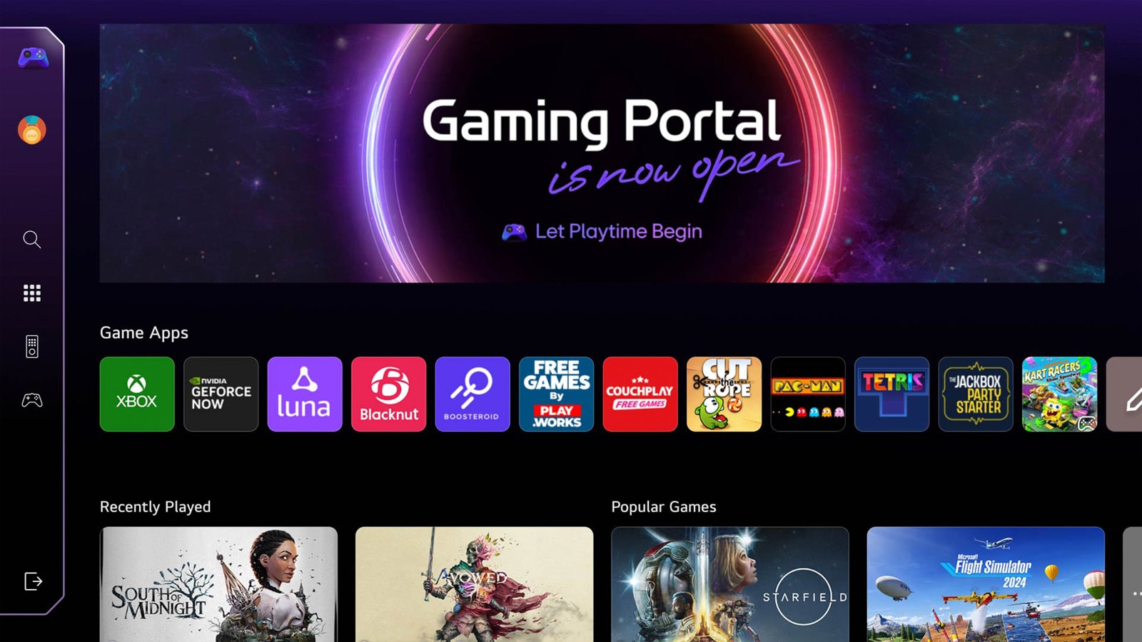 Početni zaslon portala za igranje videoigara Gaming Portal. Pokazivač se pomiče i klikne kako bi prikazao mnoge popularne naslove igara, uz dodatnu funkciju odabira igara ovisno o vrsti upravljača koji imate, bilo da je to kontroler za igranje videoigara (gamepad) ili daljinski upravljač. 