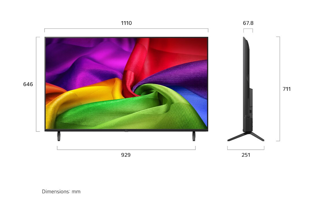 LG 50 inča LG NANO 4K UHD AI NU80 4K Smart TV 2026, Televizor LG NANO 4K UHD AI NU80 prikazan s prednje i bočne strane ističe zaslon od 50 inča i širine od 957 mm, visine zaslona od 560 mm, visine sa stalkom od 626 mm, dubine profila od 67,8 mm i površ, 50NU800B3LC, thumbnail 2