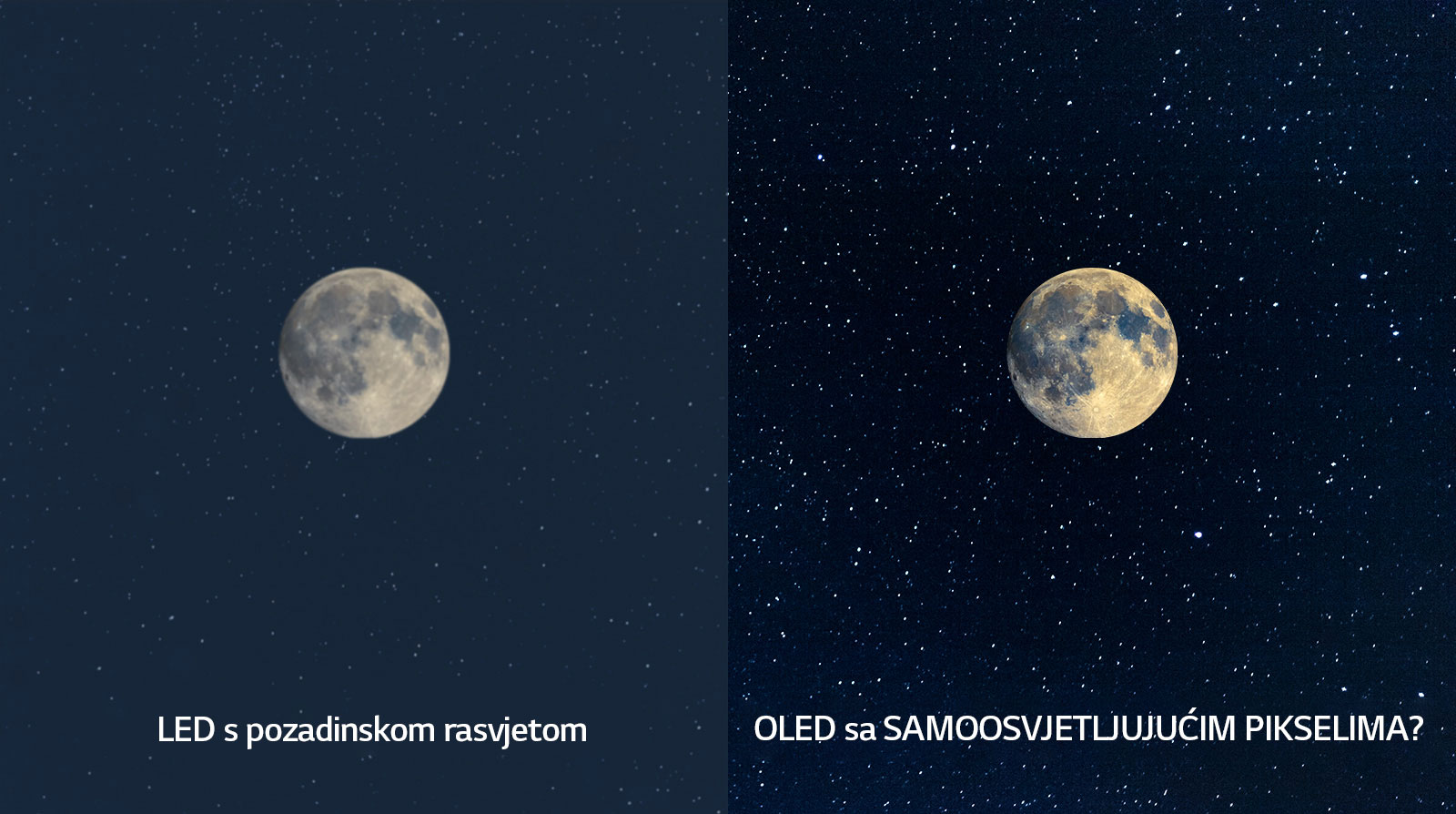 Prizor mjeseca, LED na lijevoj strani u nejasnoj crnoj boji i OLED na desnoj strani sa savršenom crnom bojom (reproduciraj videozapis)