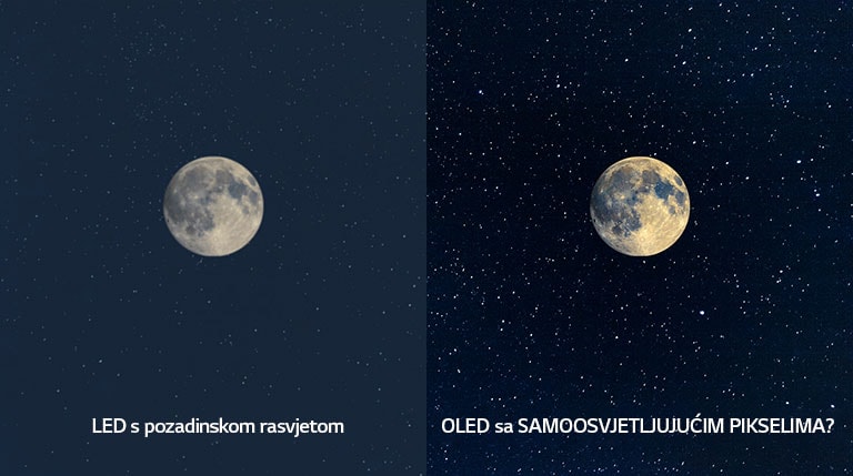 Prizor mjeseca, LED na lijevoj strani u nejasnoj crnoj boji i OLED na desnoj strani sa savršenom crnom bojom (reproduciraj videozapis)