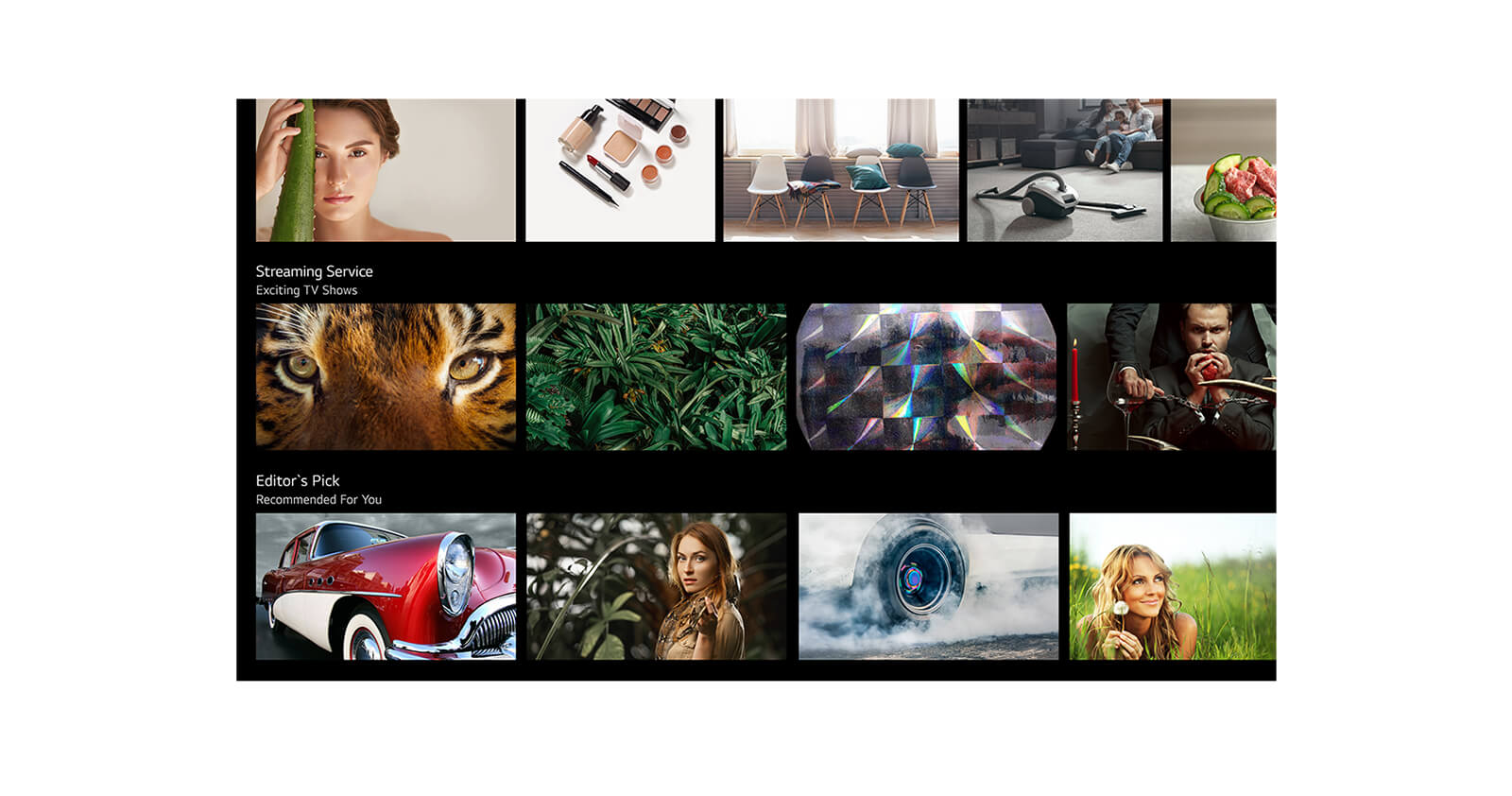 TV zaslon koji prikazuje razne sadržaje koje je nabrojala i preporučila aplikacija LG ThinQ AI