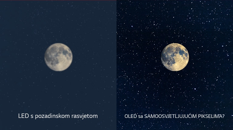 Prizor mjeseca, LED na lijevoj strani u nejasnoj crnoj boji i OLED na desnoj strani sa savršenom crnom bojom (reproduciraj videozapis)