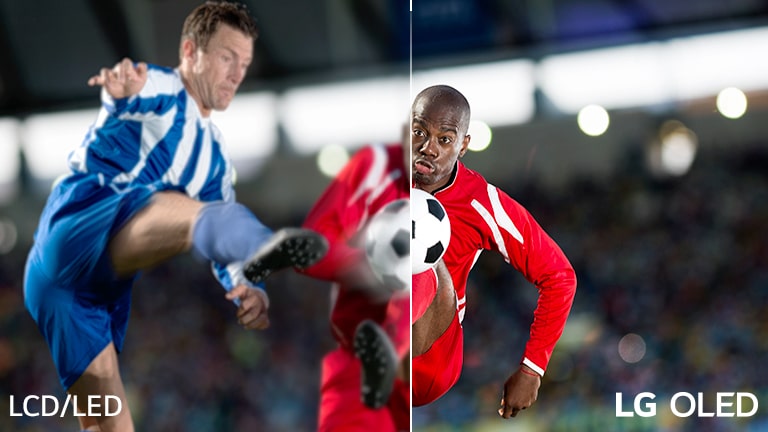 Prizor nogometne utakmice podijeljen je na dva dijela radi vizualne usporedbe. Na slici u donjem lijevom kutu piše LCD/LED, a u donjem desnom kutu nalazi se logotip LG OLED.