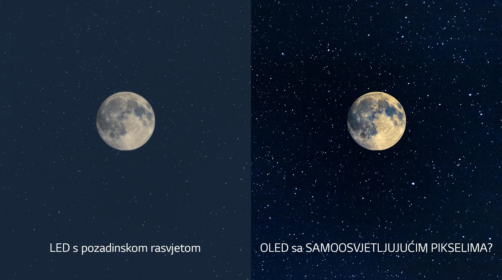 Prizor mjeseca, LED na lijevoj strani u nejasnoj crnoj boji i OLED na desnoj strani sa savršenom crnom bojom (reproduciraj videozapis)