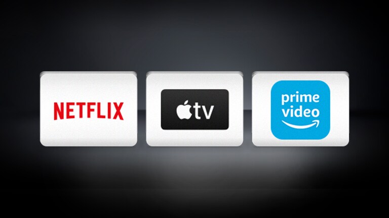 Logotip Netflix, logotip Apple TV, logotip Amazon Prime Video poredani su vodoravno na crnoj pozadini.