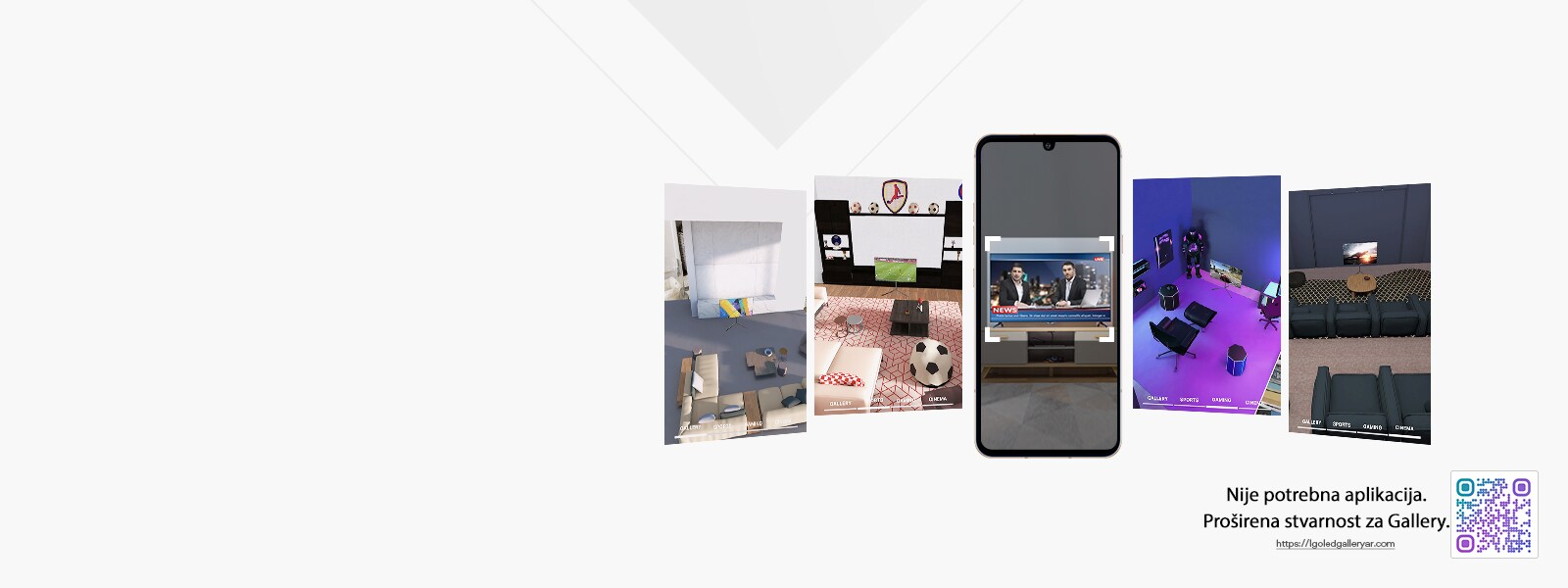 Ovo je simulacijska slika proširene stvarnosti televizora LG OLED Gallery. U donjem desnom kutu nalazi se QR kôd.