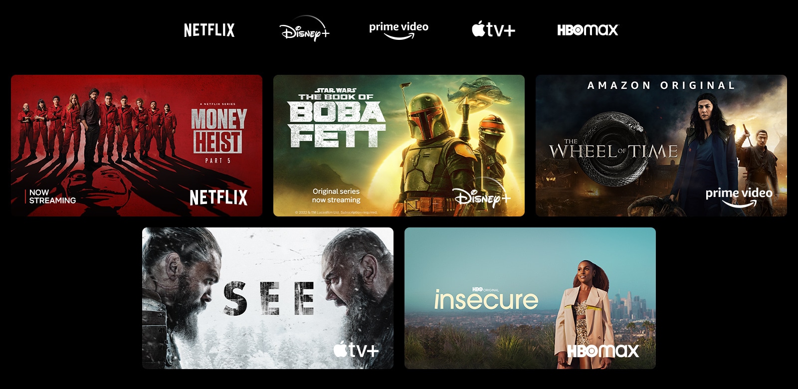 Plakat serije Kuća od papira s platforme Netflix, serije The Book of Boba Fett s platforme Disney Plus, serije The Wheel of Time s platforme Prime Video, serije See s platforme Apple TV Plus te serije Nesigurna s platforme HBO Max.