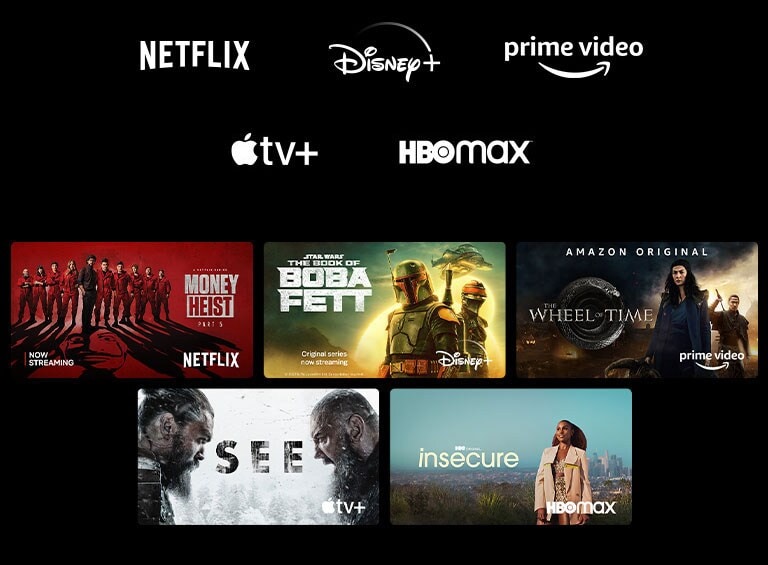 Plakat serije Money Heist s Netflixa, serije The Book of Boba Fett s Disneya Plus, serije The Wheel of Time s Prime Videa, serije See s Apple TV Plusa te serije Insecure s HBO Maxa 