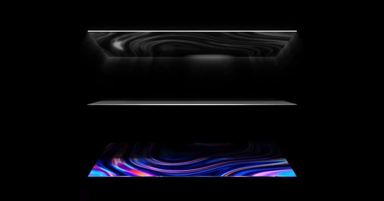 Odozgo se vide četiri sloja prikaza. Pozadinsko osvjetljenje nestaje, a tri se sloja spajaju kako bi stvorili živopisnu sliku.