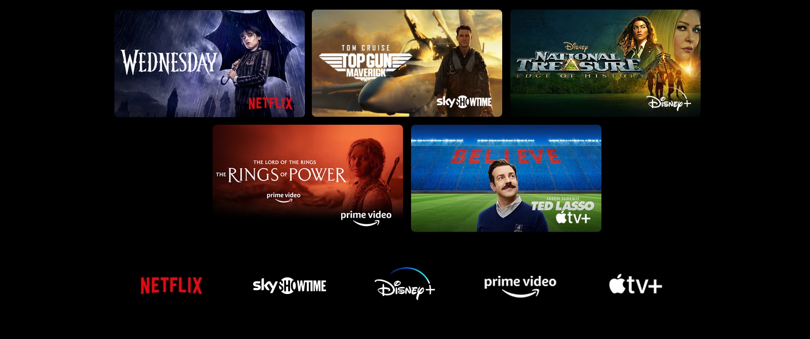 Plakat za Wednesday s Netflixa, National Treasure s Disney+, The Rings of Power s Prime Video, Ted Lasso s Apple TV Plus i statična slika s LG Channels s leopardom u divljini.