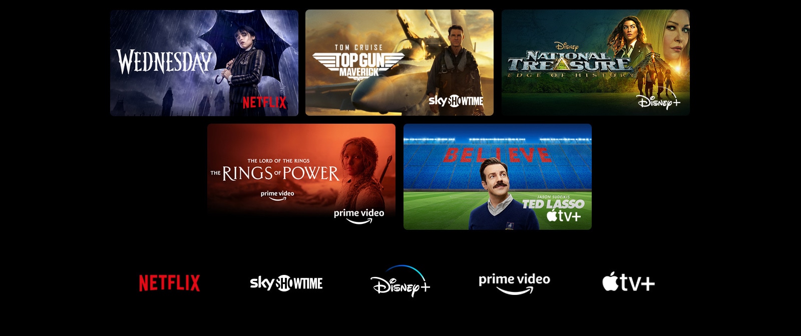 Plakat za Wednesday s Netflixa, National Treasure s Disney+, SkyShowtime, The Rings of Power s Prime Video i Ted Lasso s Apple TV Plus.
