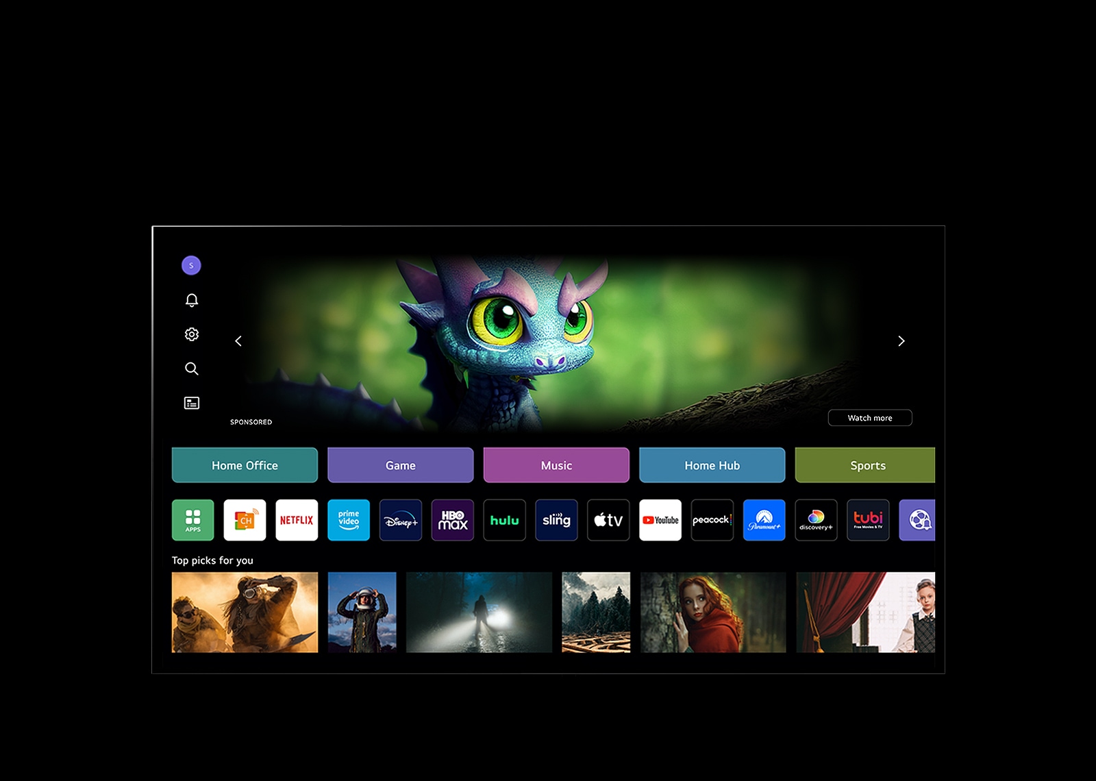 Videozapis prikazuje WebOS početni zaslon. Kliknite pokazivačem inicijale u gornjem desnom uglu i prebacuje se na drugi profil.
