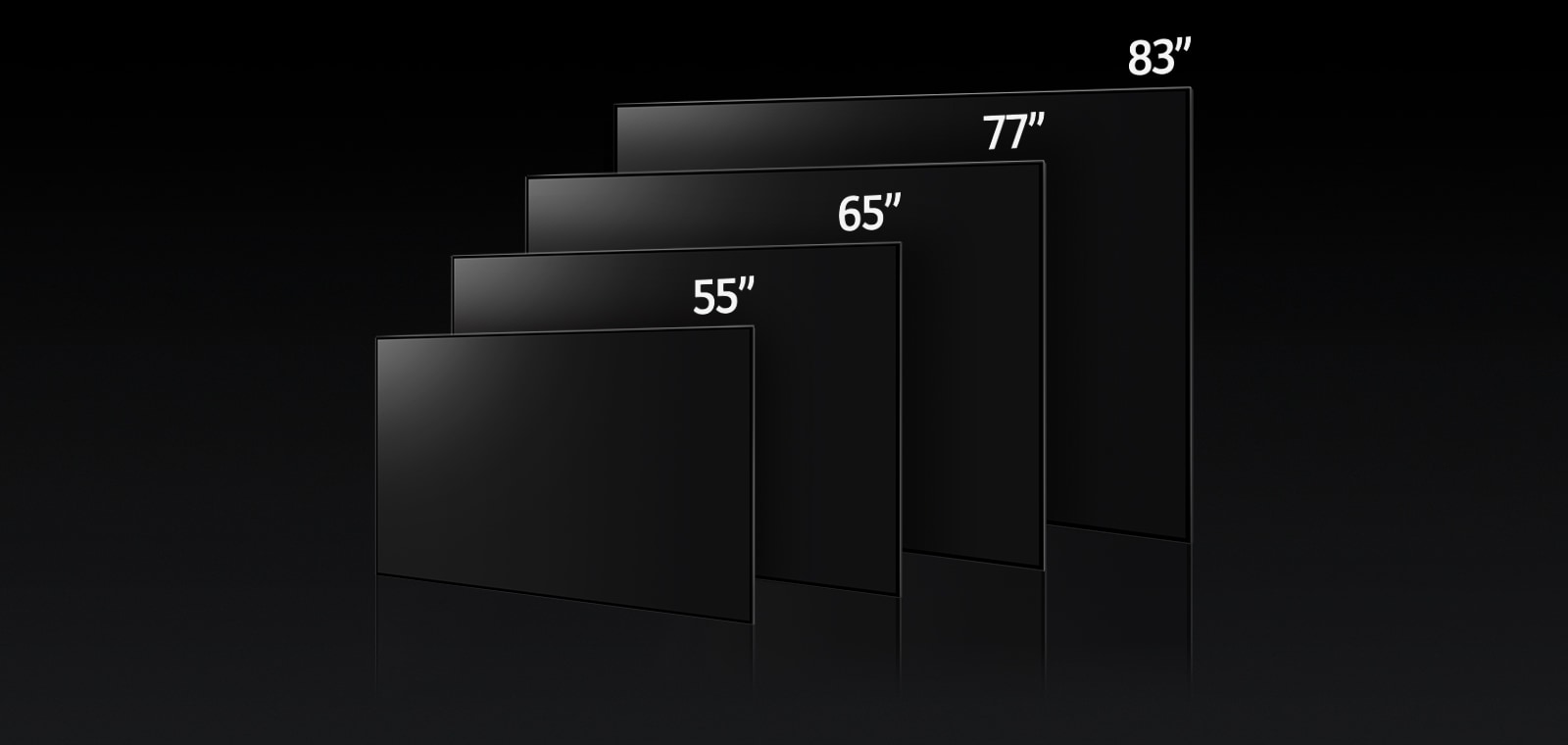 Slika, ki primerja različne velikosti televizorja LG OLED G3, prikazuje 55", 65", 77" in 83".